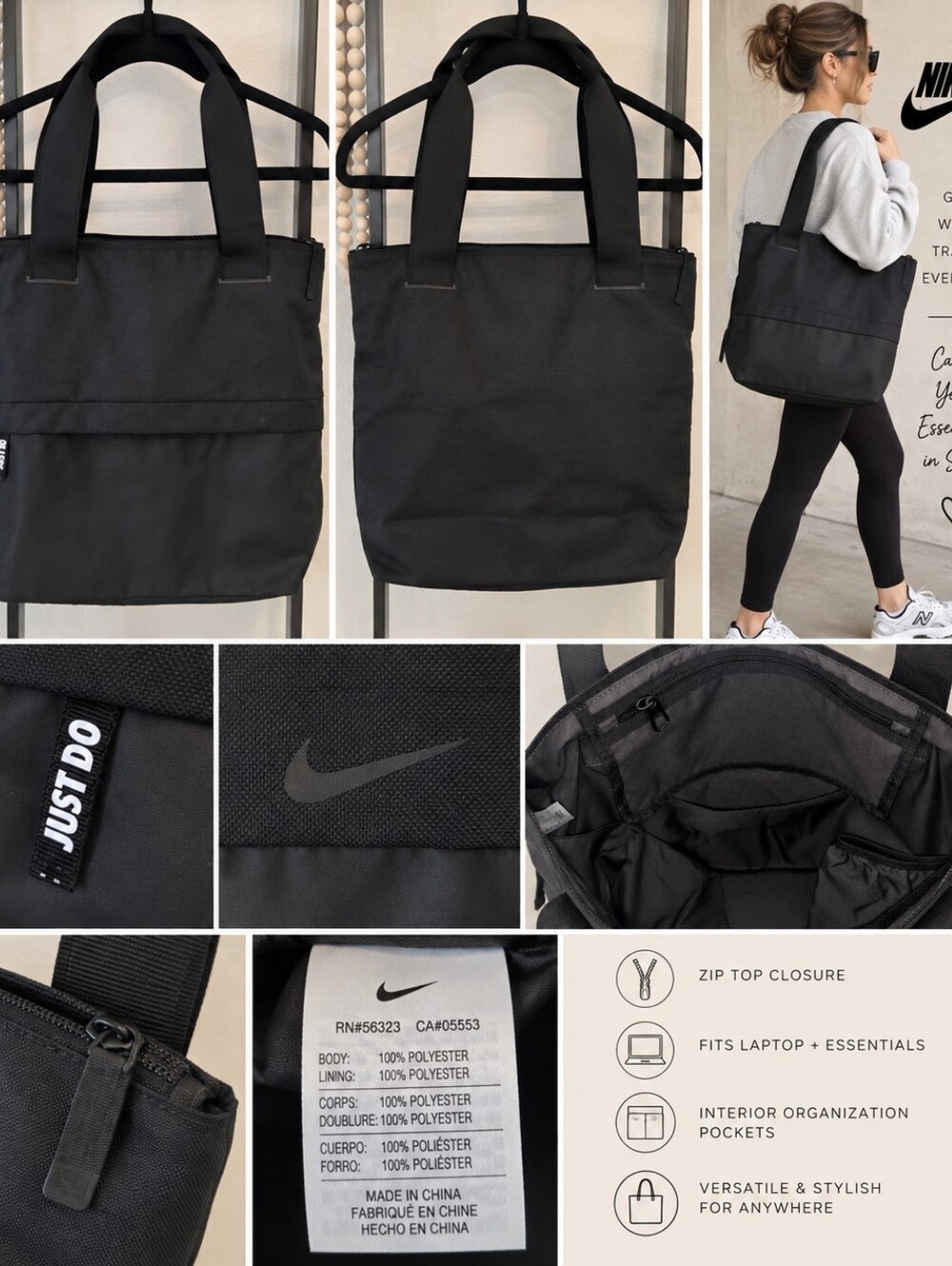 Nike Black Just Do It Tote Bag Gym Work Travel NWOT